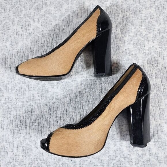 Tan Black Diane Von Furstenberg Calf Hair Peep Toe Heels Size 6 - Picture 5 of 5